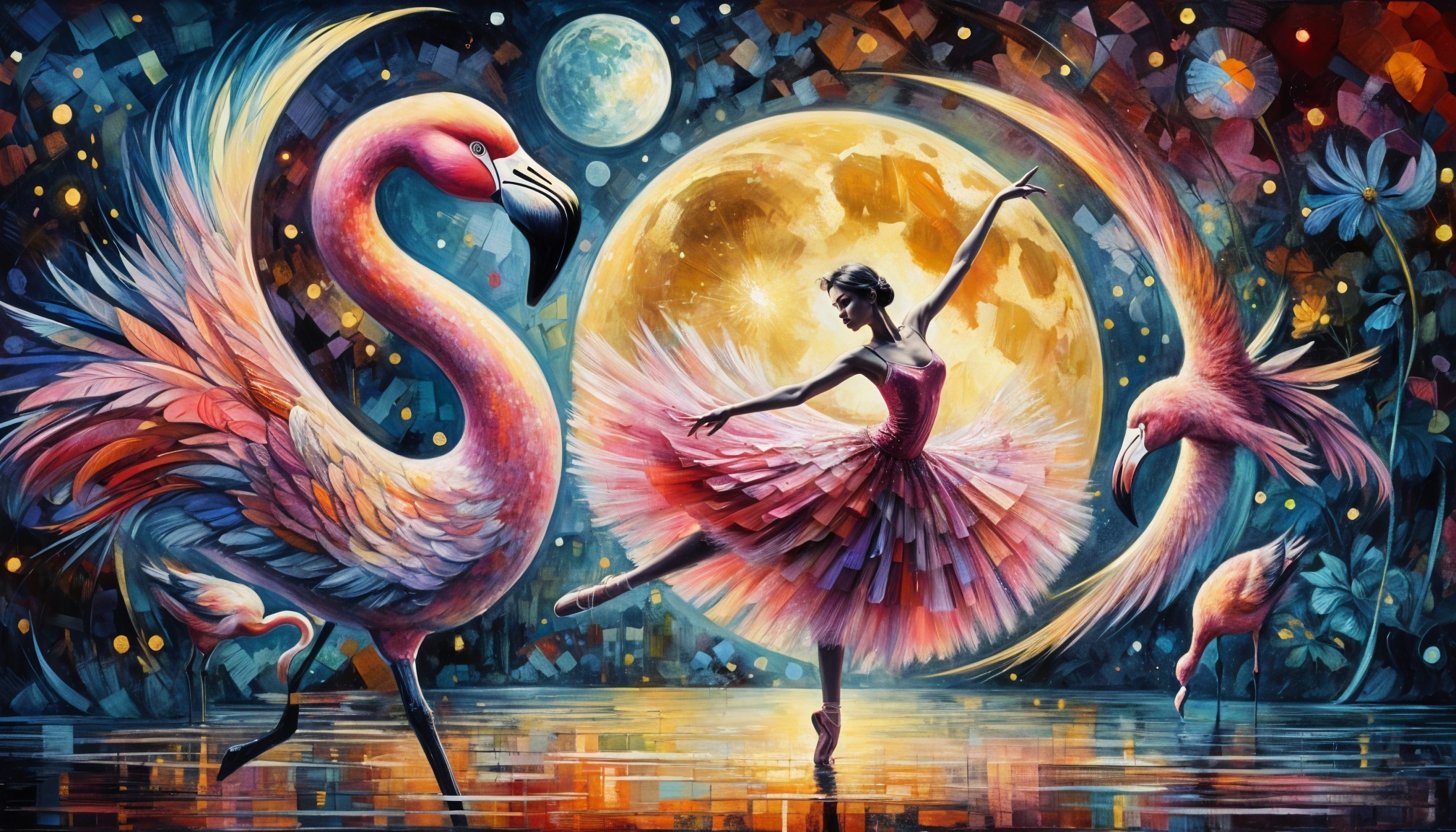 Ballet Dancer with Flamingos Under a Colorful Sky