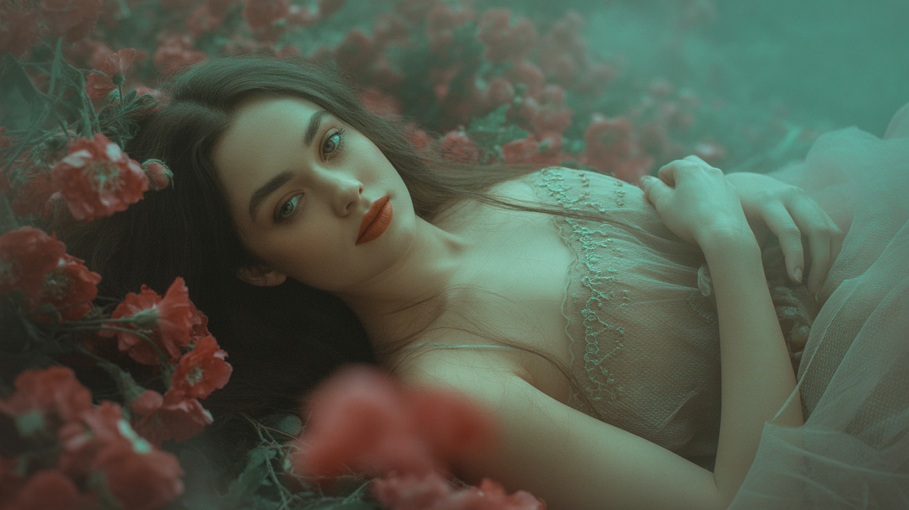 Woman in sheer gown among vibrant red flowers