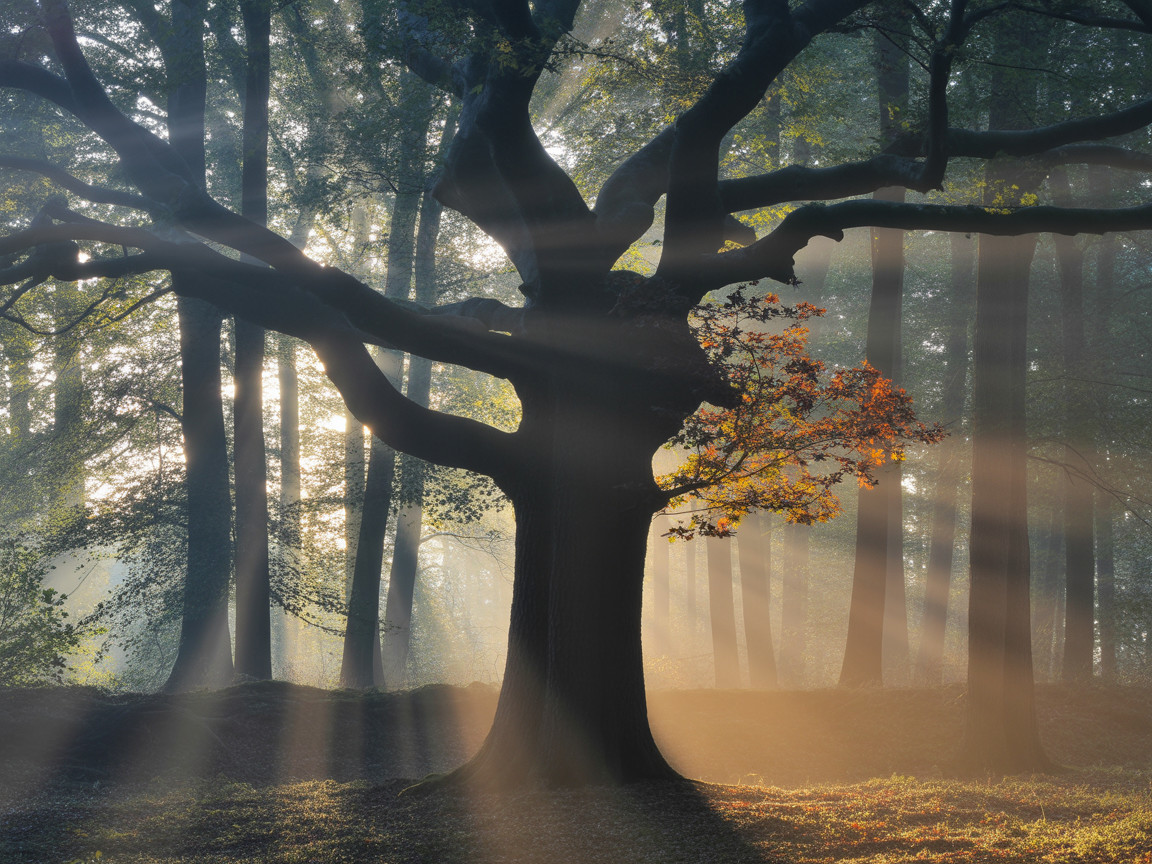 Majestic tree in tranquil forest with golden sunlight