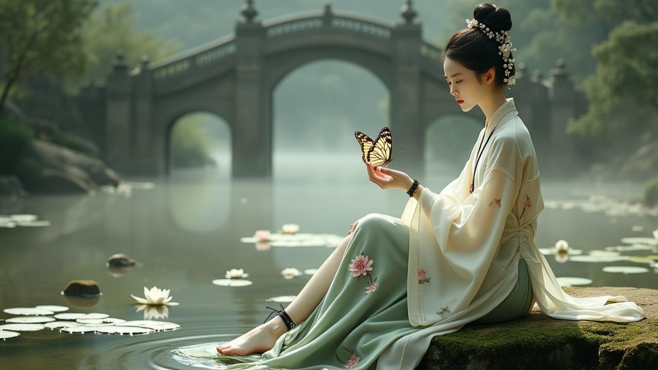 Serene figure by tranquil pond with lotus flowers