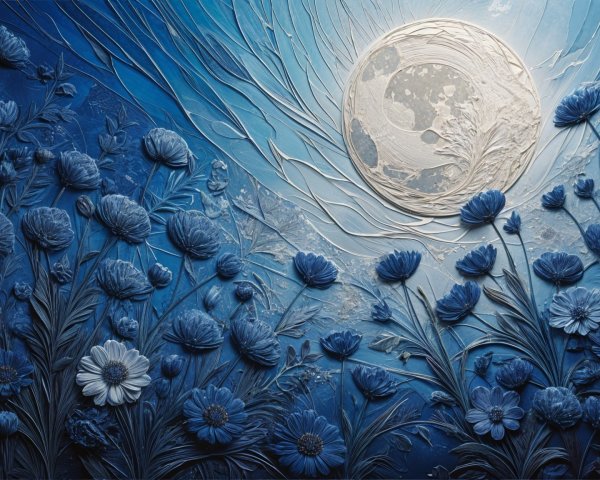 Textured Floral Scene with Moonlit Background
