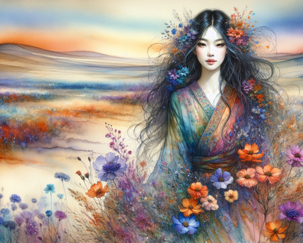 Serene Figure in Vibrant Floral Landscape