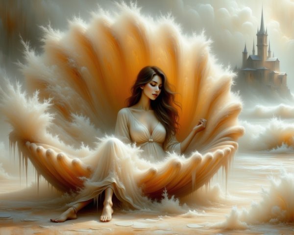 Young Woman in Seashell with Castle Background