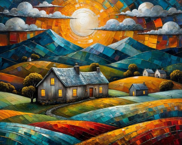 Vibrant Landscape with House and Colorful Hills