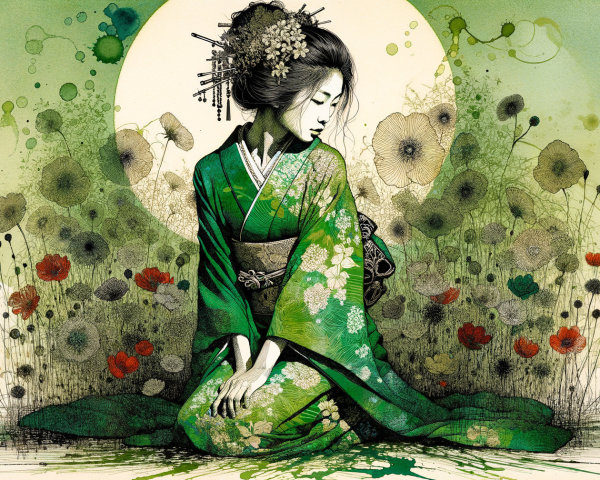 Serene Woman in Green Kimono in Lush Garden Setting