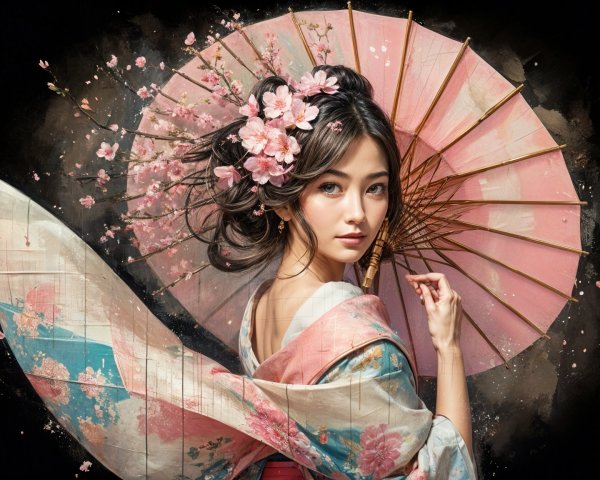 Young Woman in Colorful Kimono with Pink Parasol