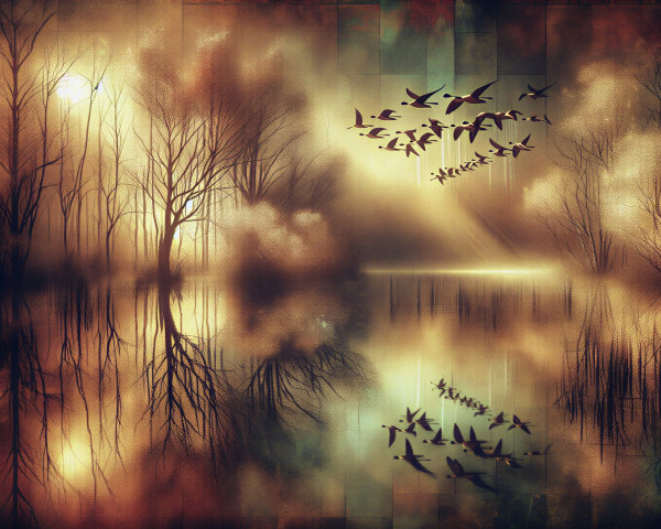 Serene Lake Landscape with Ethereal Trees and Mist