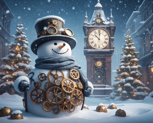 Whimsical Winter Scene with Steampunk Snowman