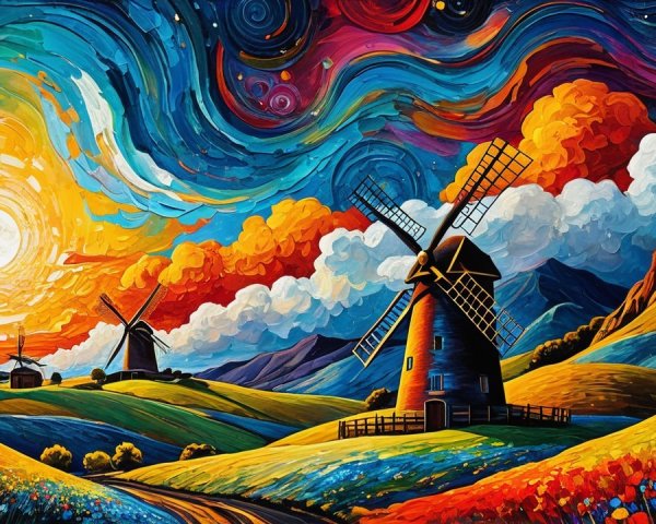 Vibrant Landscape with Colorful Hills and Windmills