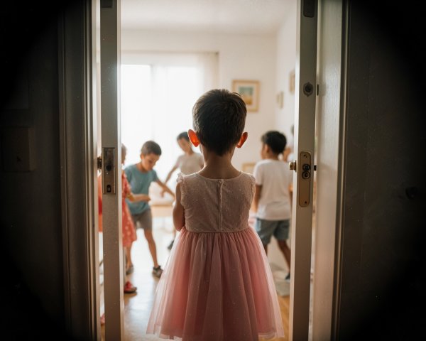 Child in Pink Dress Observing Playful Scene