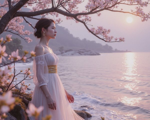 Young Woman in White Gown by Serene Shoreline