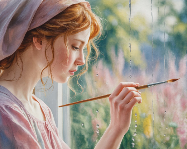 Young woman with red hair by a rain-speckled window