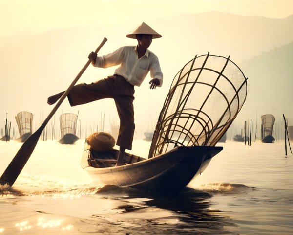 Fisherman Silhouette in Sunrise on Tranquil Waters