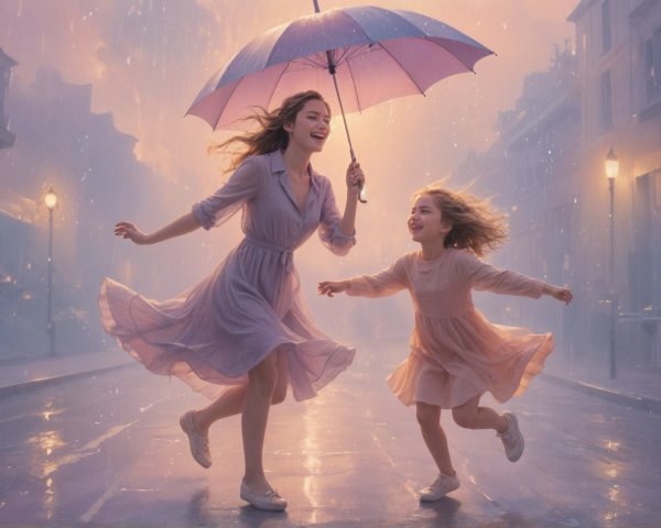 Young women and girl joyfully running in the rain
