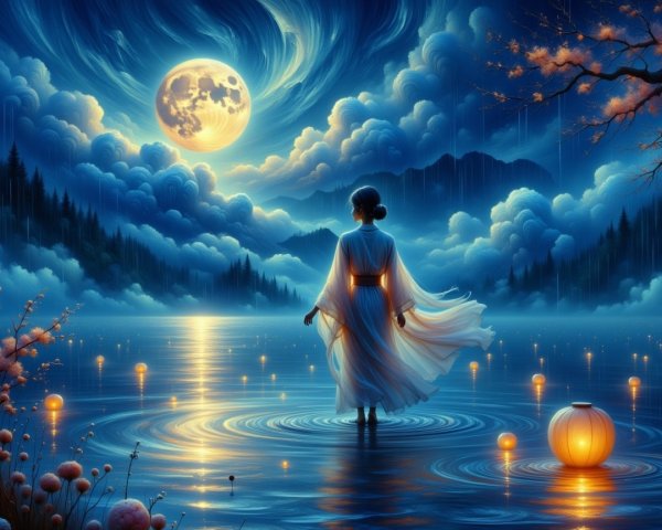 Serene Night Scene with Woman by Calm Lake