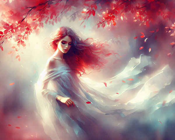 Ethereal Woman in Dreamy Landscape with Autumn Leaves