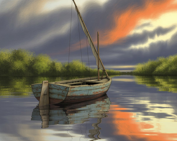 Weathered Wooden Boat on Calm Waters at Sunset