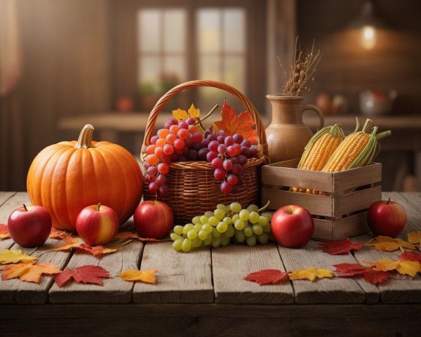Cozy Autumn Scene with Harvest Decorations and Lighting