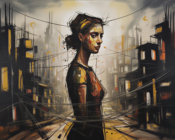 Solitary Woman in Abstract Urban Landscape Artwork