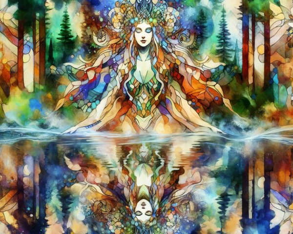 Mystical Woman Surrounded by Nature and Cosmic Elements