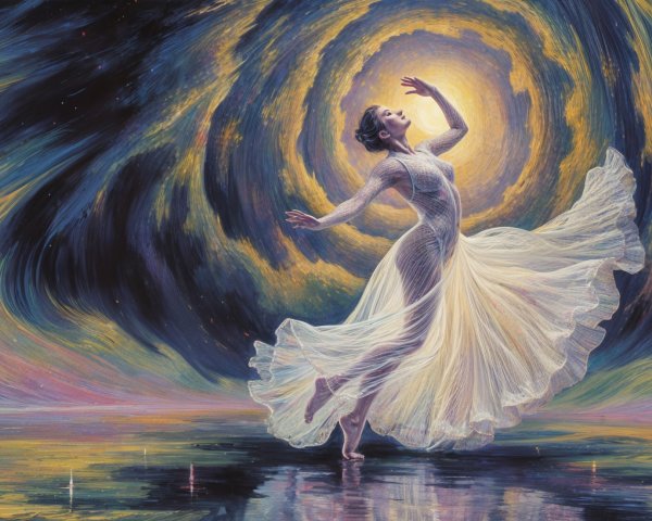 Dancer in Ethereal Landscape with Cosmic Colors