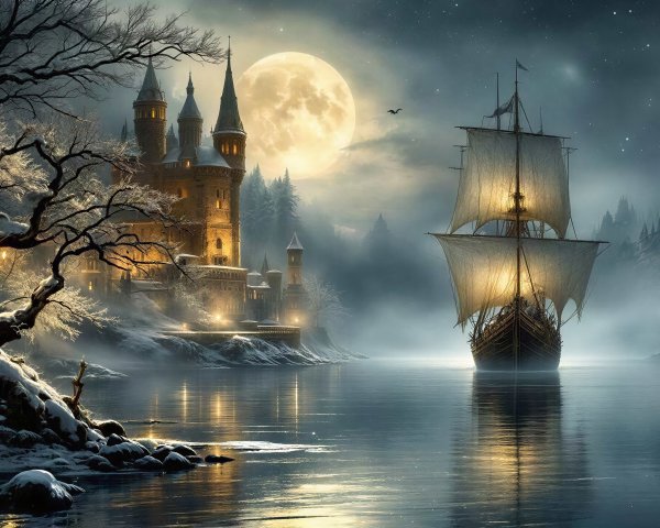 Grand Castle by Water in Winter Landscape at Night