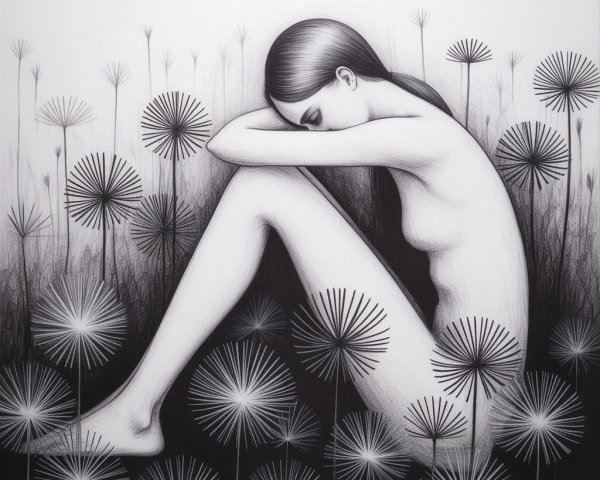 Minimalist Artwork of Woman Surrounded by Flowers