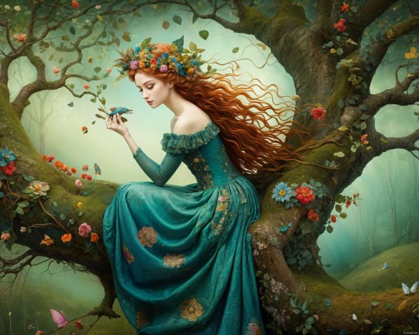 Young Woman in Teal Gown Amidst Enchanted Forest