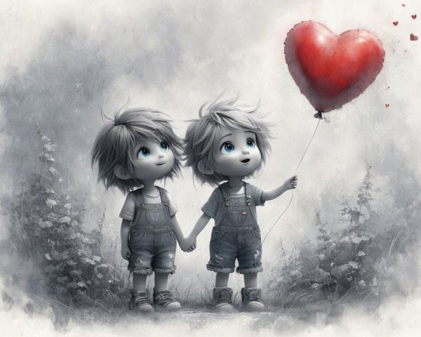Whimsical Scene of Children with Heart Balloon