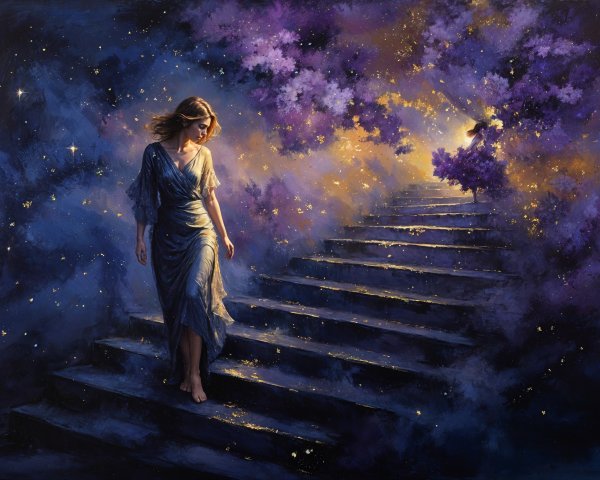 Woman in blue gown on ethereal stairs with stars