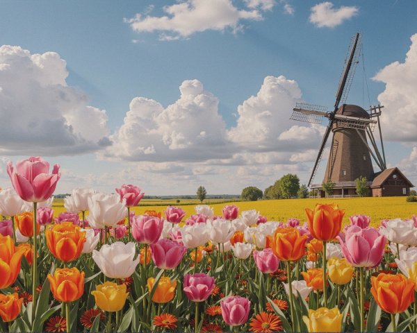 Traditional Windmill Surrounded by Colorful Tulip Fields