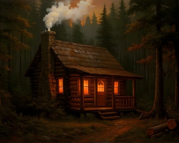 Cozy log cabin in a twilight forest setting