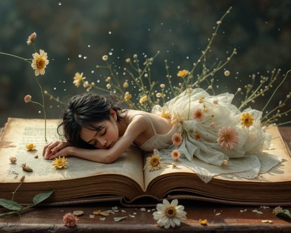 Dreamy Scene of a Girl on an Oversized Book