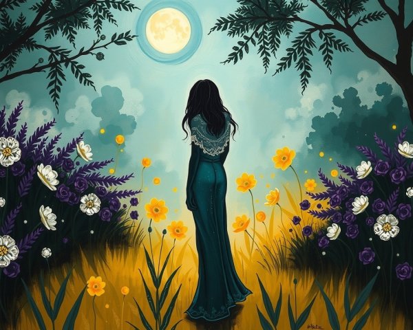 Silhouette of a Woman in a Flower-filled Landscape