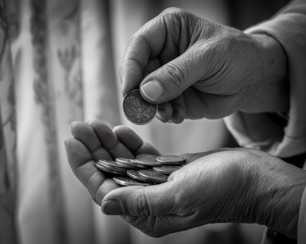 Black-and-white image of hands holding a coin