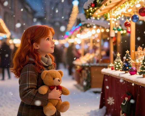 Young girl in festive market with red hair and teddy bear
