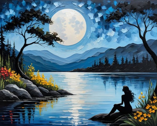 Serene Night Scene by a Tranquil Lake with Moonlight