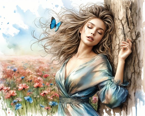 Serene Woman in Meadow with Butterfly and Tree
