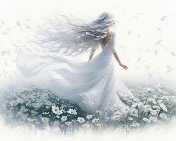 Ethereal Figure in White Dress Among Daisies