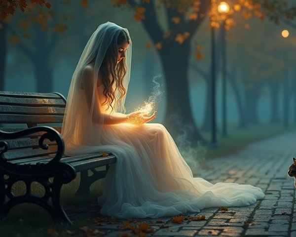 Mystical Park Scene with Woman and Glowing Orb
