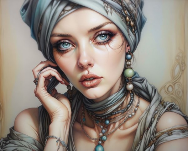 Portrait of a Woman with Blue Eyes and Headscarf