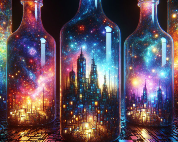 Translucent Bottles with Cosmic Scenes and Urban Landscapes