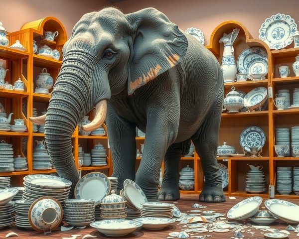 Elephant in Display Room with Shattered China Collection