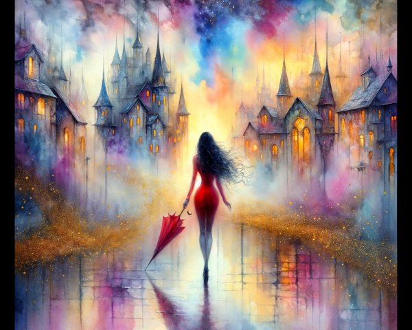 Mysterious Figure in Red Dress on Ethereal Path