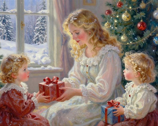 Mother and Children in a Festive Christmas Scene