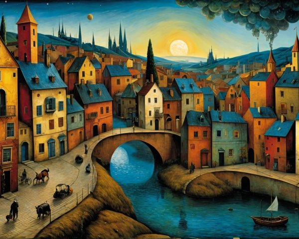 Charming Village Landscape with River and Sunset