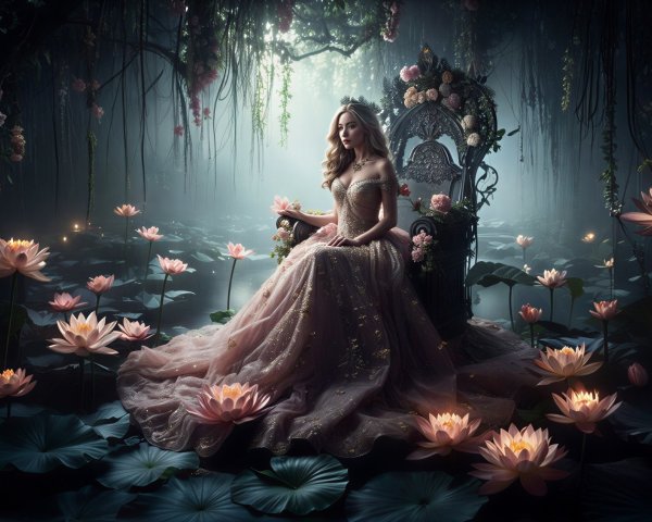 Ethereal Young Queen in Mystical Lotus Setting