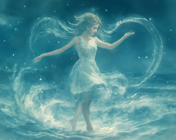 Young woman in white dress amidst swirling clouds and stars