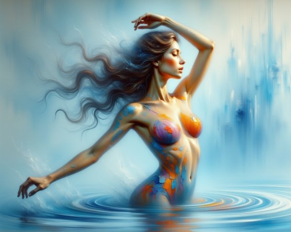Graceful figure in serene waters with vibrant patterns