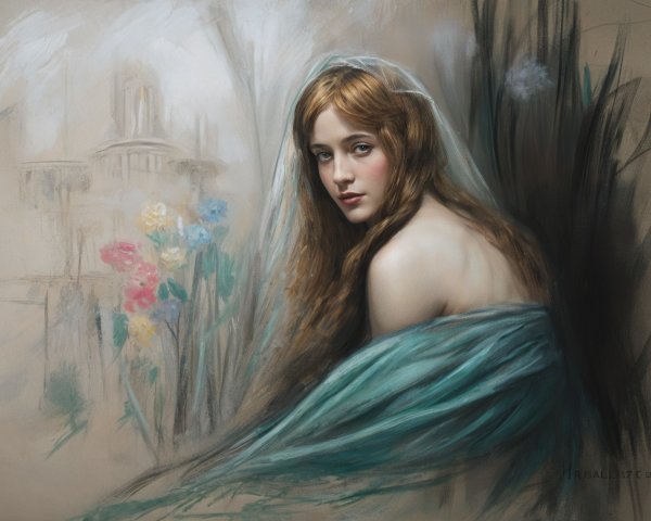 Young Woman in Turquoise Amidst Pastel Flowers